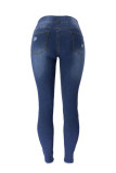 Голубые модные повседневные однотонные рваные джинсы скинни с высокой талией
