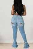 Baby Blue Sexig Street Solid Ripped Make Old Patchwork High Waist Boot Cut Denim Jeans