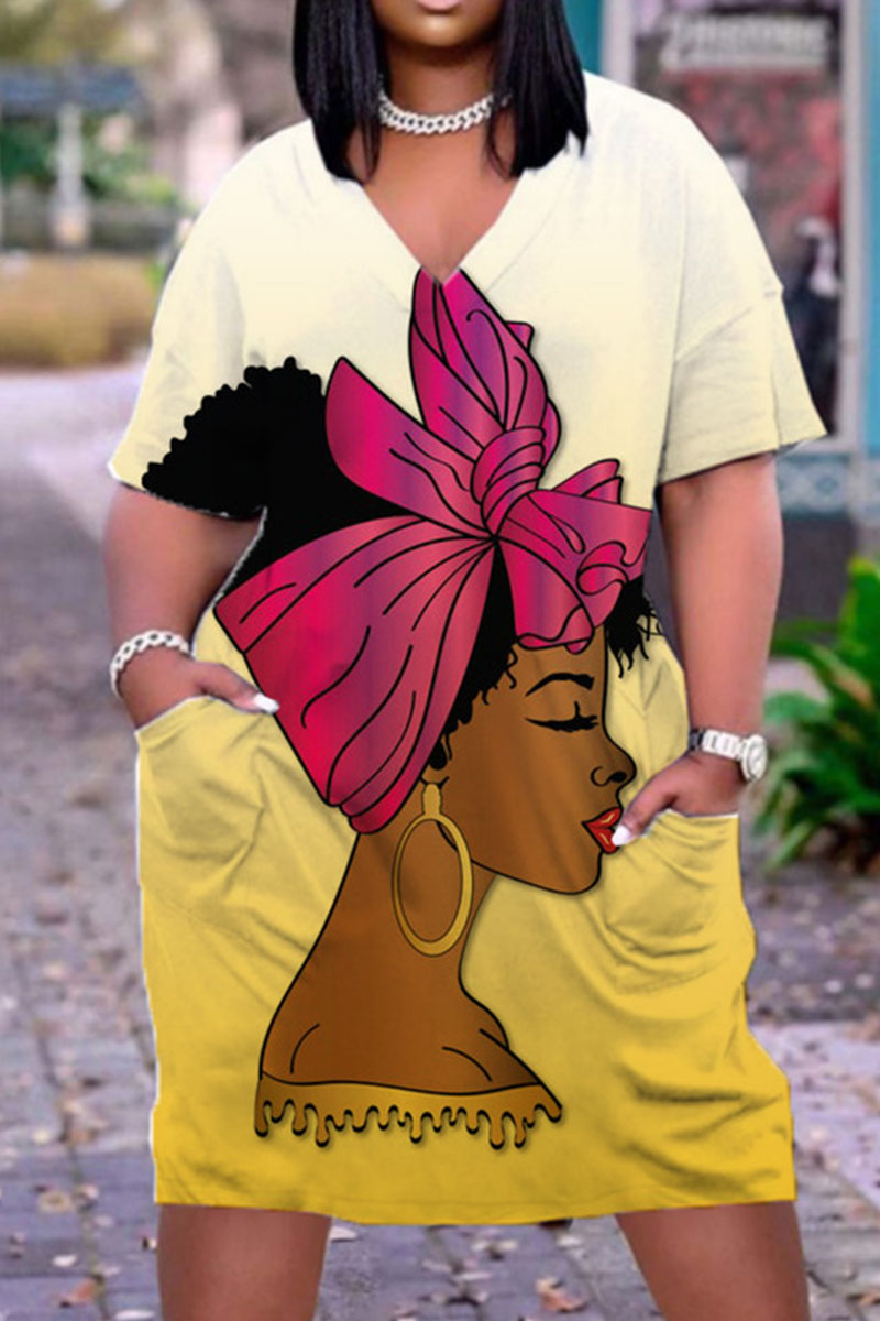 

Shallow Yellow Fashion Casual Print Basic V Neck Short Sleeve Dress