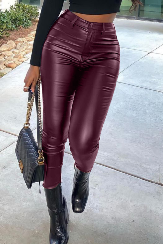 Burgundy Sexy Solid Patchwork Skinny High Waist Pencil Solid Color Bottoms
