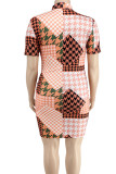 タンジェリンレッドカジュアルプリントパッチワークOネックワンステップスカートプラスサイズドレス