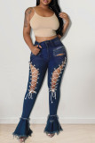 Baby Blue Sexy Street Solid Ripped Make Old Patchwork Hoge taille Boot Cut Denim Jeans