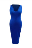 Королевский синий модный повседневный однотонный базовый жилет с U-образным вырезом Платья больших размеров