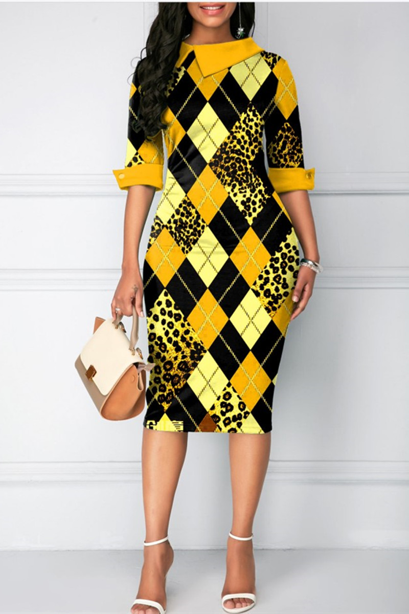

Yellow Fashion Casual Print Split Joint Turndown Collar Pencil Skirt Dresses