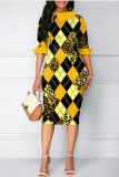 Red Fashion Casual Print Patchwork Turndown Collar Pencil Skirt Dresses