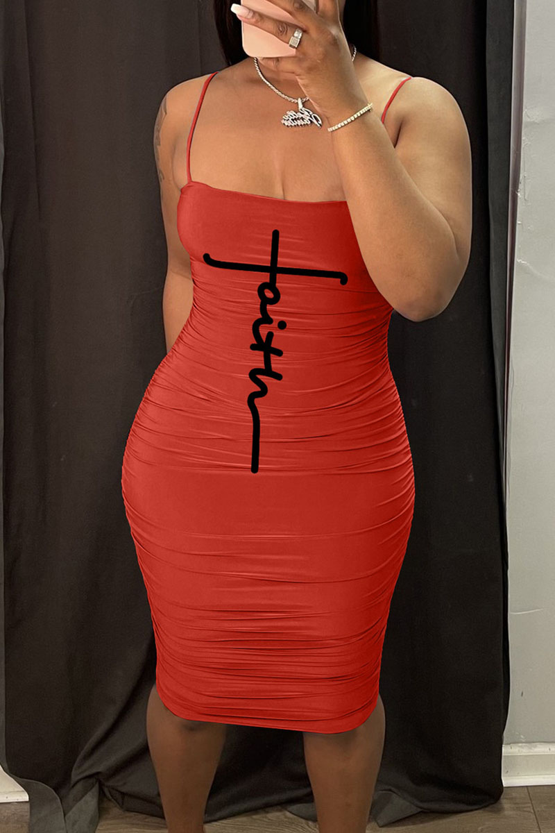 

Red Sexy Print Split Joint Fold Spaghetti Strap Pencil Skirt Dresses