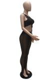 Black Sexy Solid Bandage Hollowed Out See-through O Neck Sleeveless Two Pieces