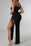 Vestidos longos pretos moda sexy com cordão frênulo com fenda e tira espaguete