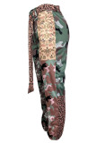 Verde militar casual estampado patchwork reto cintura alta lápis patchwork bottoms