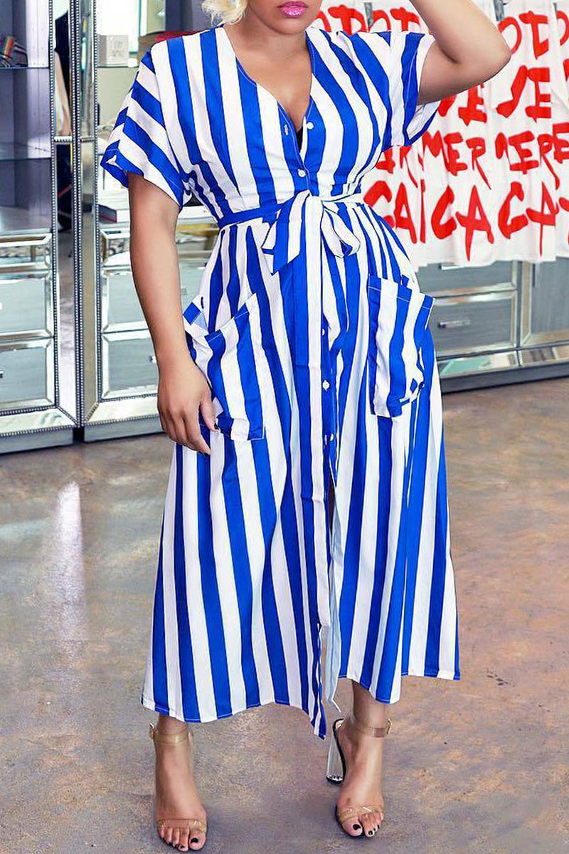 

Deep Blue Fashion Casual Striped Print Bandage V Neck Shirt Dress Dresses