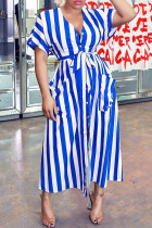 Глубокий синий модный повседневный полосатый принт с бинтами и V-образным вырезом платье-рубашка платья платья