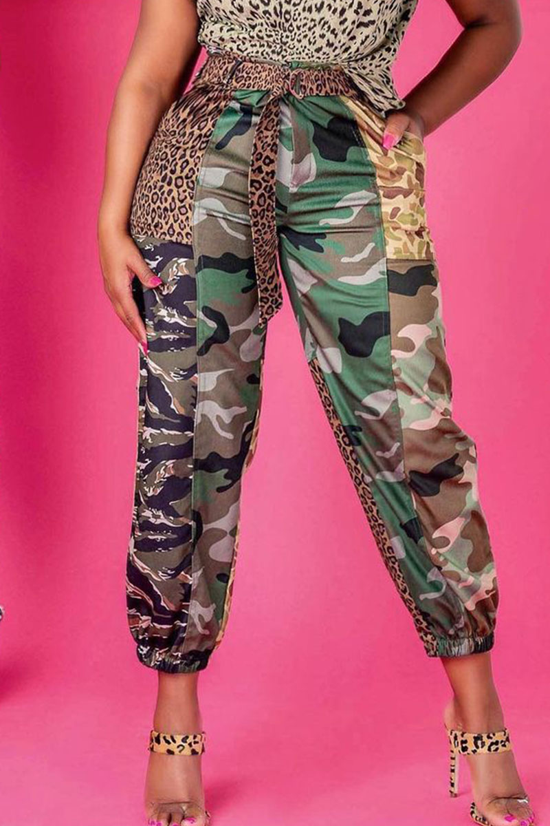 

Army Green Casual Print Split Joint Straight High Waist Pencil Patchwork Bottoms