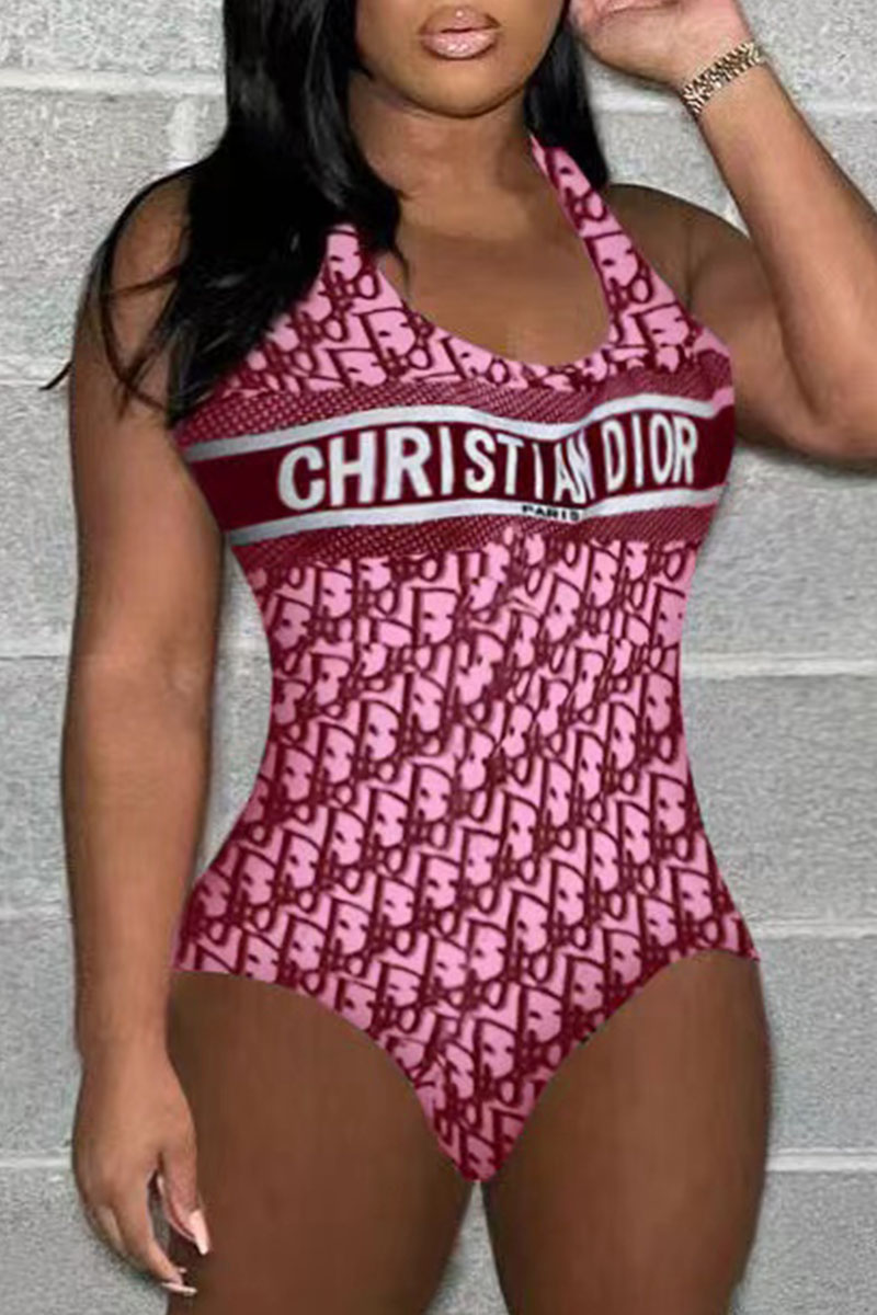 

Rose Red Fashion Sexy Print Patchwork Letter Swimwears