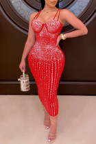 Röd Sexig Plus Size Hot Drilling Backless Spaghetti Strap Ärmlös klänning