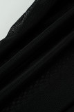 ブラックセクシーソリッドパッチワークシースルーOネック半袖ツーピース