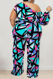 Paarse casual print patchwork schuine kraag Grote maten jumpsuits