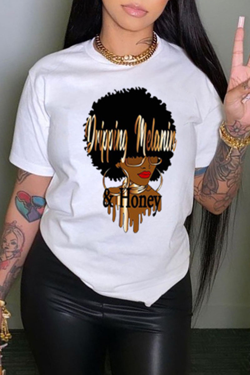 

White Fashion Casual Print Basic O Neck T-Shirts
