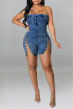 Light Blue Fashion Sexy Solid Backless Strapless Chains Tube Jumpsuits Skinny Romper