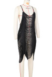 Black Sexy Solid Tassel Patchwork Swimwears Cover Up