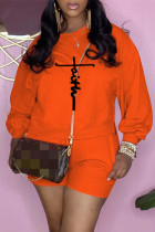 Orange Fashion Casual Print Basic O Neck Long Sleeve Two Pieces