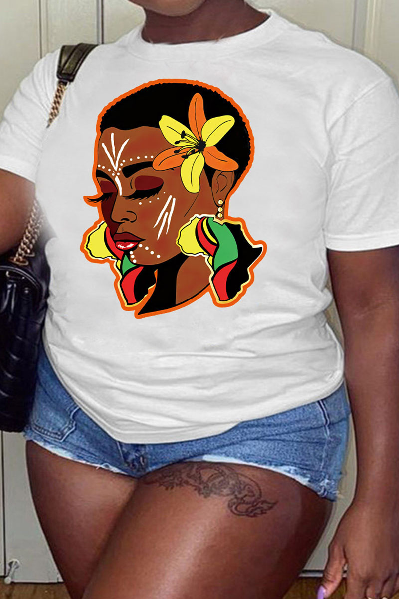 Orange Fashion Casual Print Basic O Neck T-Shirts
