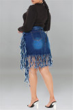 Falda denim de talla grande con borlas sólidas informales de moda azul oscuro