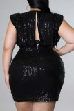 ブラックファッションセクシープラスサイズカジュアルパッチワークスパンコールVネックノースリーブドレス