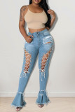 Baby Blue Sexy Street Solid Ripped Make Old Patchwork Hoge taille Boot Cut Denim Jeans