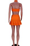 Tangerine Sexy Solid Hollowed Out Patchwork Flounce Asymmetrical Halter Sleeveless Two Pieces