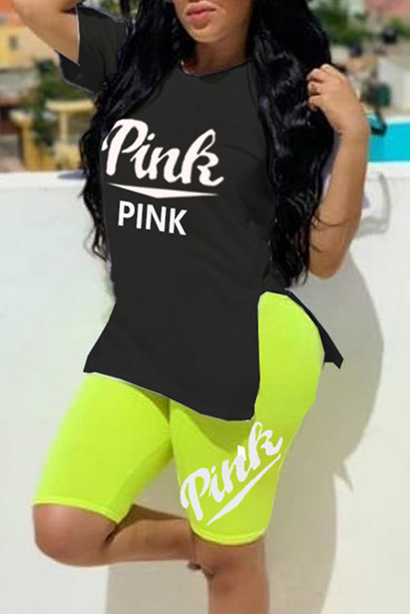 

Black Fashion Casual Letter Print Slit O Neck Short Sleeve Two Pieces