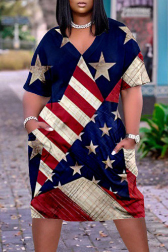 Blue Casual Gradual Change Flag Star Print Pocket V Neck African Loose Straight Midi Dress