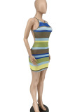 Yellow Sexy Striped Print Patchwork O Neck Pencil Skirt Dresses