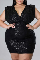 Black Fashion Sexy Plus Size Casual Patchwork Sequins V Neck Sleeveless Dress