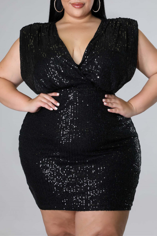 Schwarze Mode Sexy Plus Size Casual Patchwork Pailletten V-Ausschnitt Ärmelloses Kleid