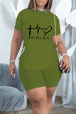 Army Green Sexy Print Bandage Hollowed Out Patchwork Asymmetrical O Neck Short Sleeve Two Pieces