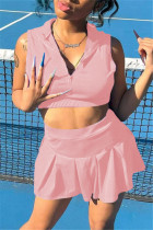 Ropa deportiva informal de moda rosa, parches lisos, cuello con cremallera, sin mangas, dos piezas