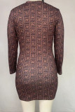Brown Sexy Print Patchwork V Neck Straight Plus Size Dresses