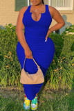 Vestidos de colete plus size com decote em U básico azul royal fashion casual sólido