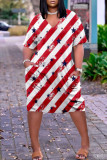 Burgundy Casual Gradual Change Flag Star Print Pocket V Neck African Loose Straight Midi Dress