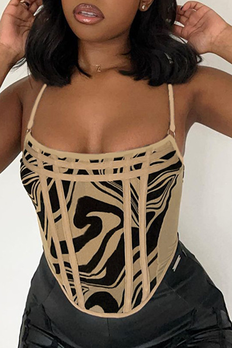 

Apricot Sexy Print Split Joint Spaghetti Strap Tops