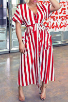 Red Fashion Casual Striped Print Bandage V-Ausschnitt Hemdkleid Kleider
