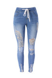 Ljusblå Mode Casual Solid Ripped High Waist Skinny Denim Jeans