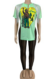 Green Street Print Tassel Patchwork See-through V Neck Short Sleeve Two Pieces