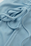 Robe bleu ciel sexy solide évidé cordon de serrage fente dos nu sans bretelles sans manches