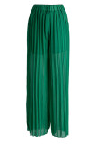 Groene mode casual effen vouw normale hoge taille broek met wijde pijpen