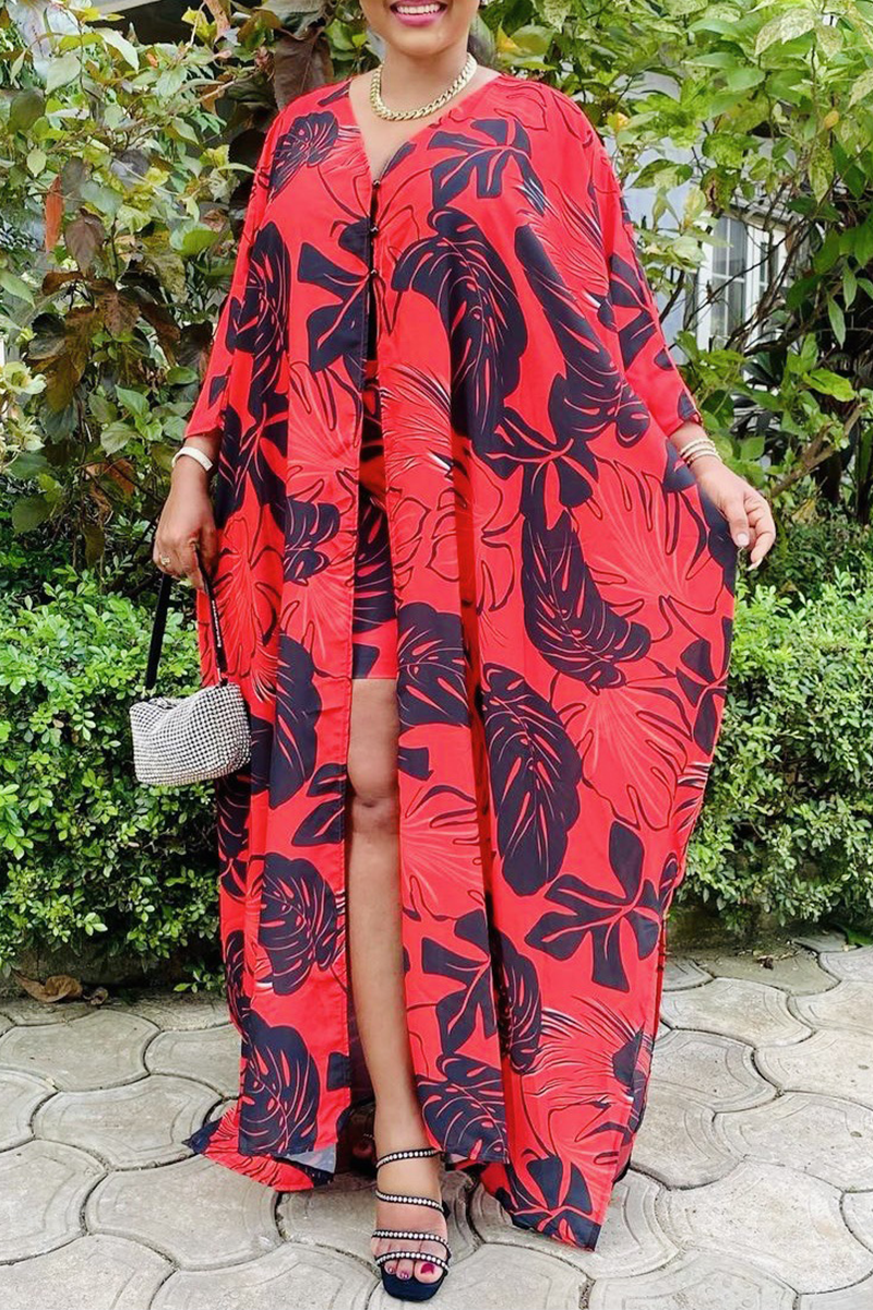 Red Fashion Print Split Joint V Neck Straight Dresses