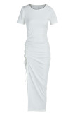 White Sexy Casual Solid Bandage Draw String Slit O Neck Short Sleeve Dress