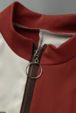 Macacão skinny marrom vermelho moda casual patchwork básico com zíper