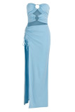 Vestido azul celeste sexy sólido vazado com cordão frênulo sem costas fenda sem alças sem mangas