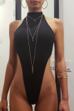 Black Sexy Solid Patchwork O Neck Skinny Bodysuits